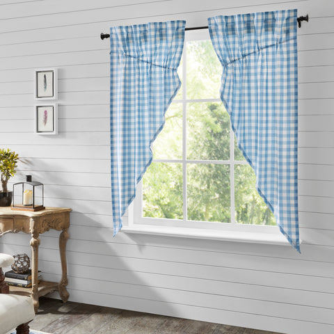 Material: 100% Cotton Face, Cotton Lining. Colors: Dusk Blue, Soft White. Hanging Method: 3.25" Rod Pocket plus Hanging Loops. Care: Machine Wash, Tumble Dry Low, Iron Safe. Dimensions: 2 x Prairie Panel - 63" x 36" Visit website for FREE s/h & discount offers. Primitive Country Farmhouse.