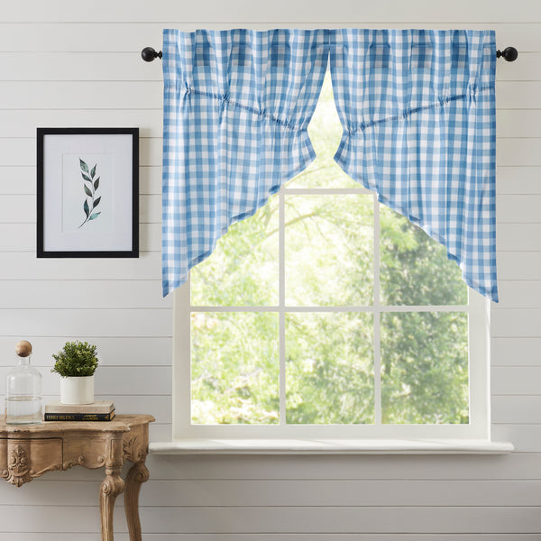 Material: 100% Cotton Face, Cotton Lining. Colors: Dusk Blue, Soft White. Hanging Method: 3.25" Rod Pocket plus Hanging Loops. Care: Machine Wash, Tumble Dry Low, Iron Safe. Dimensions: 2 x Prairie Swag - 36" x 36" Visit website for FREE s/h & discount offers. Primitive Country Farmhouse.