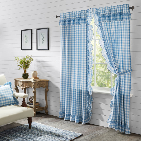 Material: 100% Cotton Face, Cotton Lining. Colors: Dusk Blue, Soft White. Hanging Method: 3.25" Rod Pocket plus Hanging Loops. Care: Machine Wash, Tumble Dry Low, Iron Safe. Dimensions: 2 x Panel - 84" x 40" Visit website for FREE s/h & discount offers. Primitive Country Farmhouse.