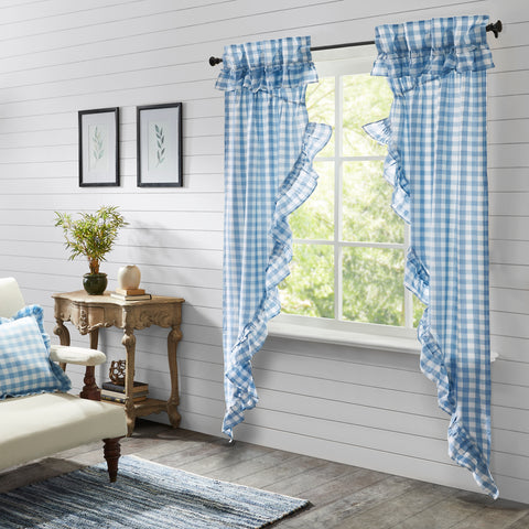 Our Annie Buffalo Blue Check Ruffled Prairie Long Panel Set of 2 84x36x18 features classic buffalo check in calming colors of dusk blue and soft white, gracefully trimmed with ruffles. Visit website for FREE s/h & discount offers.