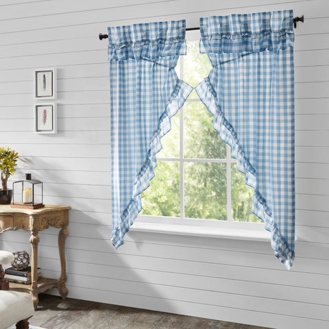 Our Annie Buffalo Blue Check Ruffled Prairie Short Panel Set of 2 63x36x18 features classic buffalo check in calming colors of dusk blue and soft white, gracefully trimmed with ruffles. Visit website for FREE s/h & discount offers. 