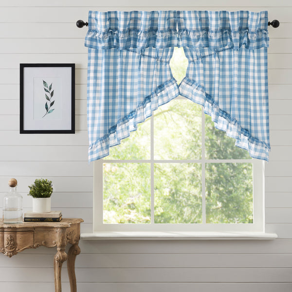 Our Annie Buffalo Blue Check Ruffled Prairie Swag Set of 2 36x36x18 features classic buffalo check in calming colors of dusk blue and soft white, gracefully trimmed with ruffles. Visit website for FREE s/h & discount offers.