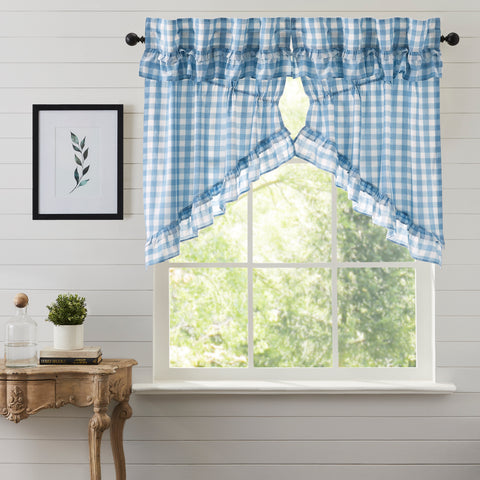 Our Annie Buffalo Blue Check Ruffled Prairie Swag Set of 2 36x36x18 features classic buffalo check in calming colors of dusk blue and soft white, gracefully trimmed with ruffles. Visit website for FREE s/h & discount offers.