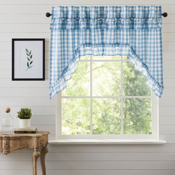 Our Annie Buffalo Blue Check Ruffled Swag Set of 2 36x36x16 features classic buffalo check in calming colors of dusk blue and soft white, gracefully trimmed with ruffles. Visit website for FREE s/h & discount offers.