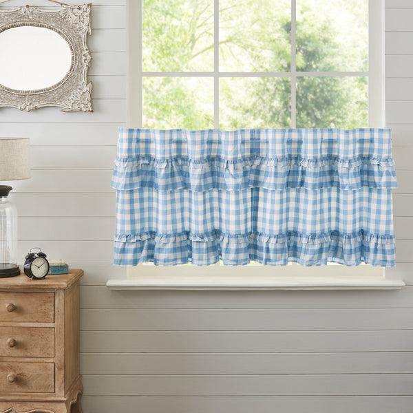 Our Annie Buffalo Blue Check Ruffled Tier Set of 2 24Lx36W features classic buffalo check in calming colors of dusk blue and soft white, gracefully trimmed with ruffles. Visit website for FREE s/h & discount offers.