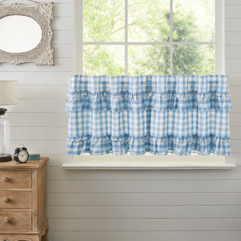 Our Annie Buffalo Blue Check Ruffled Tier Set of 2 24Lx36W features classic buffalo check in calming colors of dusk blue and soft white, gracefully trimmed with ruffles. Visit website for FREE s/h & discount offers.