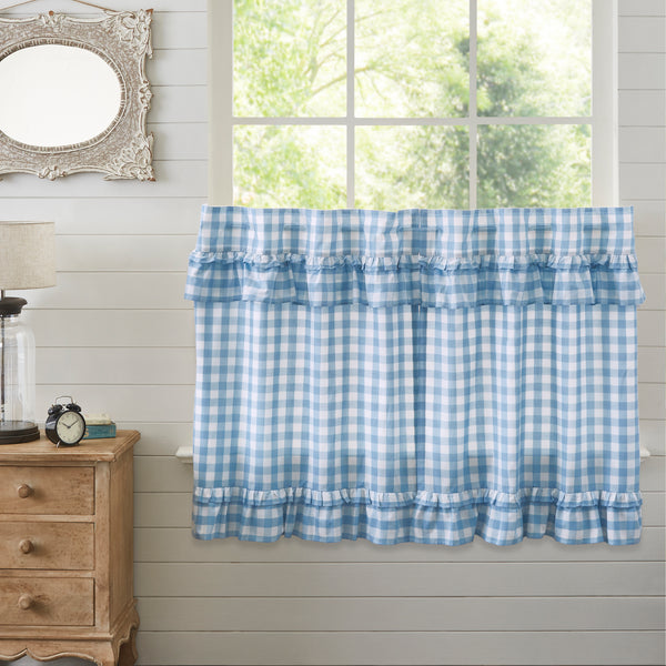 Enhance your primitive country farmhouse décor with the Annie Buffalo Blue Check Ruffled Tier Curtains Set of 2 (36x36). Features blue & white buffalo check, light-filtering cotton lining, and easy rod pocket design.