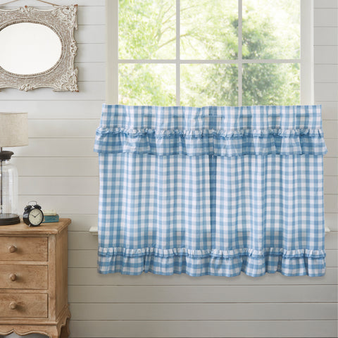 Enhance your primitive country farmhouse décor with the Annie Buffalo Blue Check Ruffled Tier Curtains Set of 2 (36x36). Features blue & white buffalo check, light-filtering cotton lining, and easy rod pocket design.