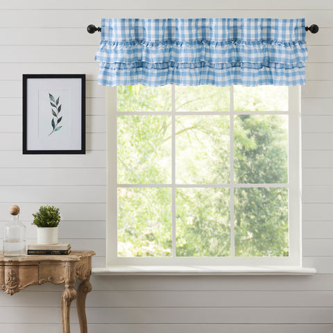 Our Annie Buffalo Blue Check Ruffled Valance Curtain 16x60 features classic buffalo check in calming colors of dusk blue and soft white, gracefully trimmed with ruffles. Visit website for FREE s/h & discount offers.