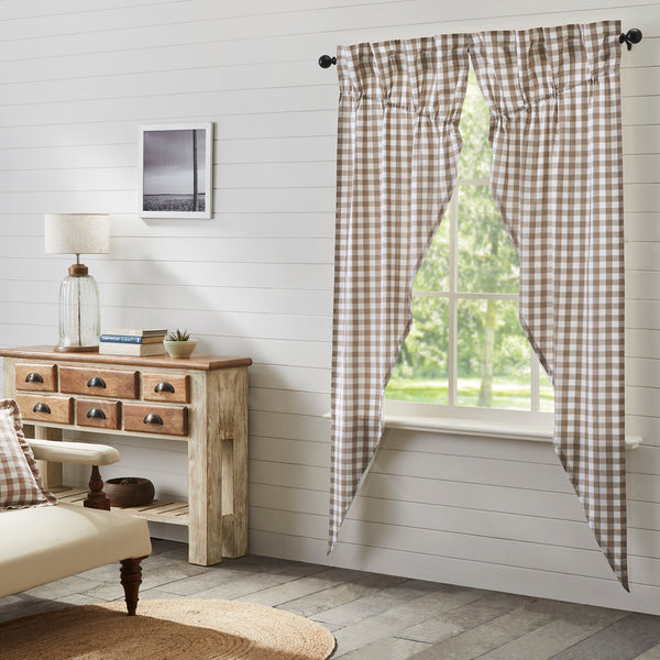 Our Annie Buffalo Portabella Check Prairie Long Panel Set 84x36x18 features a classic buffalo check pattern in portabella brown and soft white. Visit website for FREE s/h & discount offers. Primitive Country Farmhouse Cottage Home Decor.