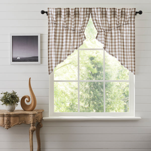 Our Annie Buffalo Portabella Check Prairie Swag Set 36x36x18 features a classic buffalo check pattern in portabella brown and soft white. Visit website for FREE s/h & discount offers. Primitive Country Farmhouse Cottage Home Decor Window.