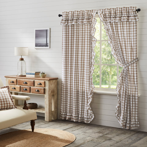 Our Annie Buffalo Portabella Check Ruffled Panel Set of 2 84x40 features classic buffalo check in calming colors of portabella brown and soft white, gracefully trimmed with ruffles. Visit website for FREE s/h & discount offers. Primitive Country Farmhouse Cottage Home Decor Window.