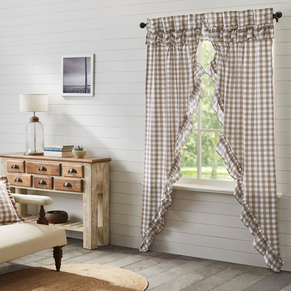 Our Annie Buffalo Portabella Check Ruffled Prairie Panel Set of 2 84x36x18 features classic buffalo check in calming colors of portabella brown and soft white, gracefully trimmed with ruffles. Visit website for FREE s/h & discount offers.