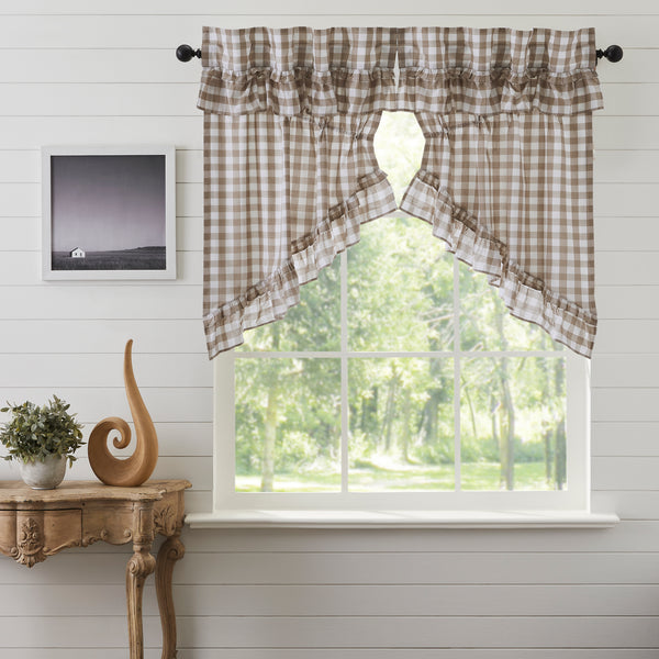 Our Annie Buffalo Portabella Check Ruffled Prairie Swag Set of 2 36x36x18 features classic buffalo check in calming colors of portabella brown and soft white, gracefully trimmed with ruffles. Visit website for FREE s/h & discount offers.
