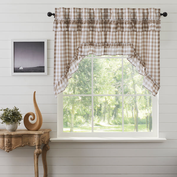Our Annie Buffalo Portabella Check Ruffled Swag Set of 2 36x36x16 features classic buffalo check in calming colors of portabella brown and soft white, gracefully trimmed with ruffles. Visit website for FREE s/h & discount offers.