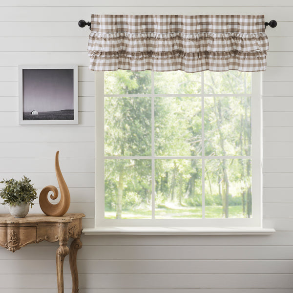 Our Annie Buffalo Portabella Check Ruffled Valance 16x60 features classic buffalo check in calming colors of portabella brown and soft white, gracefully trimmed with ruffles. Visit website for FREE s/h & discount offers.