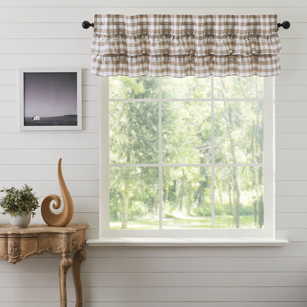 Our Annie Buffalo Portabella Check Ruffled Valance 16x72 features classic buffalo check in calming colors of portabella brown and soft white, gracefully trimmed with ruffles. Visit website for FREE s/h & discount offers.