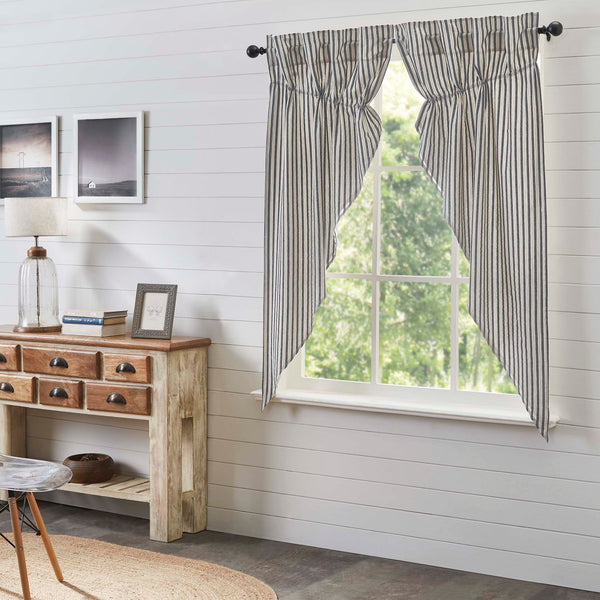 Ashmont Stripe Prairie Short Panel Set 63x36x18 helps bring your farmhouse-inspired vision to life. Perfect for any season, these 100% cotton curtains feature a vintage white base with charcoal grey and warm grey ticking stripes. Visit website for FREE s/h & discount offers.