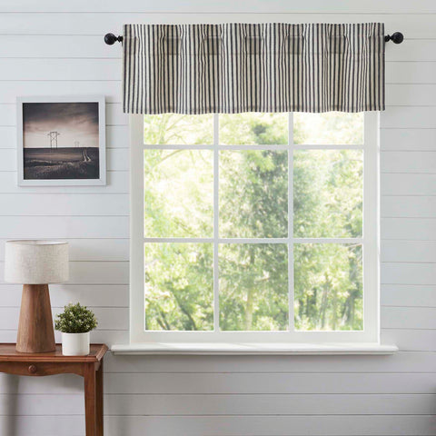 Ashmont Ticking Stripe Valance 16x60 in vintage white with grey ticking stripes. Primitive country farmhouse cotton curtain for kitchen, dining, or bedroom.