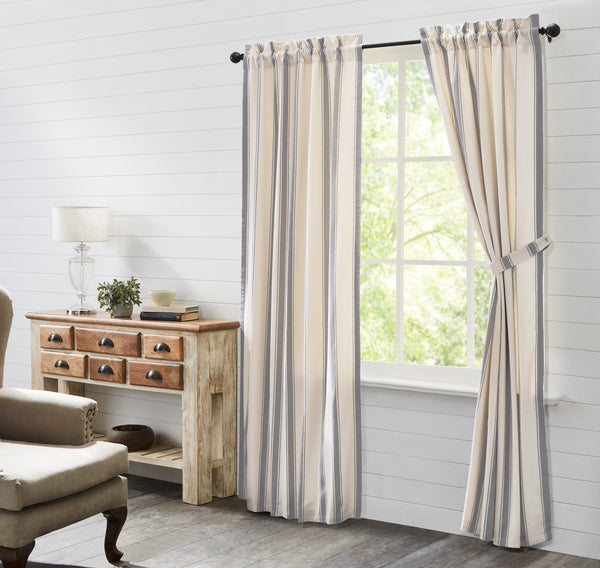 Functional and stylish, our Grace Grain Sack Stripe Panel Set 84x40 helps bring your farmhouse-inspired vision to life. Feature a creme base with nickel grey grain sack stripes. Visit website for FREE s/h & discount offers. Primitive Country Farmhouse Home Decor Windows Curtains Treatments