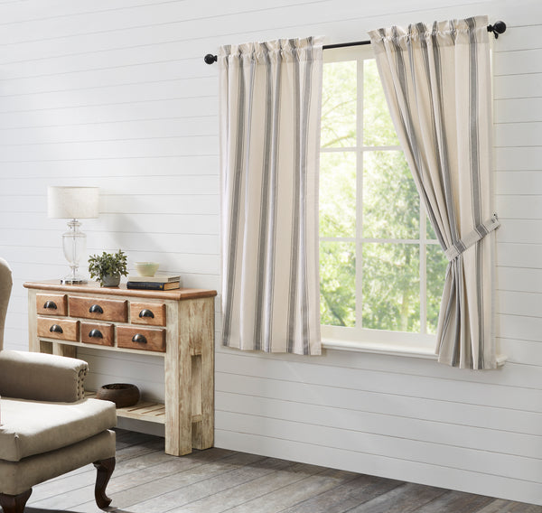 Functional and stylish, our Grace Grain Sack Stripe Panel Set 63x36 helps bring your farmhouse-inspired vision to life. Feature a creme base with nickel grey grain sack stripes. Visit website for FREE s/h & discount offers. Primitive Country Farmhouse Home Decor Window Treatments Curtains.