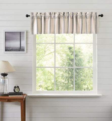 Functional and stylish, our Grace Grain Sack Valance 16"x90" helps bring your farmhouse-inspired vision to life. Features a creme base with nickel grey grain sack stripes. Visit website for FREE s/h & discount offers. Primitive Country Farmhouse Home Decor Window Treatments Curtains.