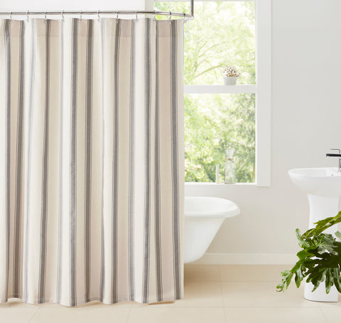 Give your bath area a simple farmhouse refresh with our Grace Grain Sack Stripe Shower Curtain 72x72. Nickel grey grain sack stripes cover this decorative bath accessory over a creme base offering unique vintage appeal. Visit website for FREE s/h & discount offers. Primitive Country Farmhouse Home Bath Decor.
