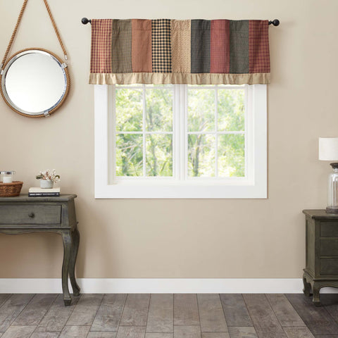 Maisie Patchwork Valance 19x60, this primitive curtain is adorned with burgundy, natural, and country black patchwork, delicately trimmed with a cotton burlap ruffled edge and lined with white cotton for a quality finish. Visit website for FREE s/h & discount offers.