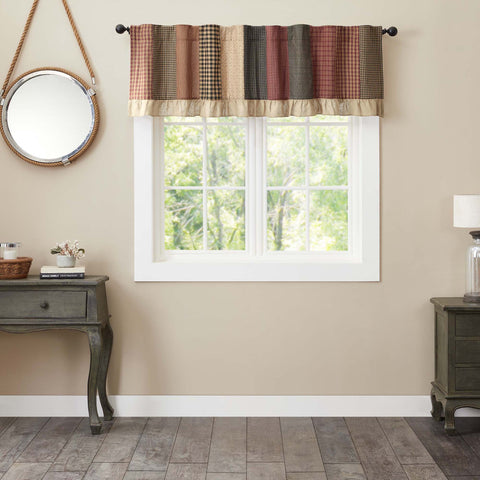 Maisie Patchwork Valance 19x72. This primitive curtain is adorned with burgundy, natural, and country black patchwork, delicately trimmed with a cotton burlap ruffled edge. Visit website for FREE s/h & discount offers.