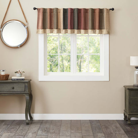 Maisie Patchwork Valance 19x90. This primitive curtain is adorned with burgundy, natural, and country black patchwork, delicately trimmed with a cotton burlap ruffled edge and lined with white cotton for a quality finish. Visit website for FREE s/h & discount offers.