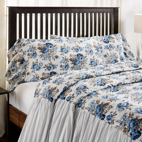 Annie Blue Floral Ruffled King Pillow Case Set 21x36 plus an 8 inch ruffle. Beautifully showcasing floral print in dusk blue soft white, and portabella brown, finished with a graceful ruffle. Visit website for FREE s/h & discount offers.
