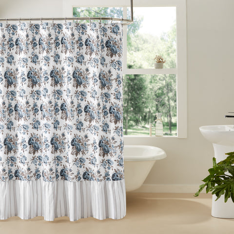 Capture the essence of relaxed, vintage farmhouse charm in your washroom with our Annie Blue Floral Ruffle Shower Curtain 72x72. Floral print in dusk blue, soft white, and portabella brown grace this decorative curtain finished with a delicate stripe ruffle at the bottom. Visit website for FREE s/h & discount offers.