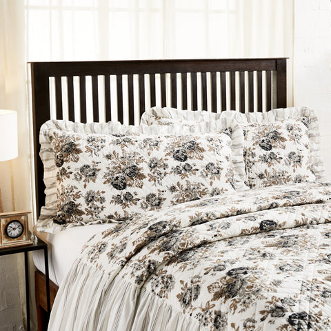 Annie Portabella Floral Ruffled King Sham 21x37. Beautifully showcasing unique floral print in portabella brown, soft white, and warm grey finished with a graceful stripe pattern ruffled edge. Visit website for FREE s/h & discount offers.