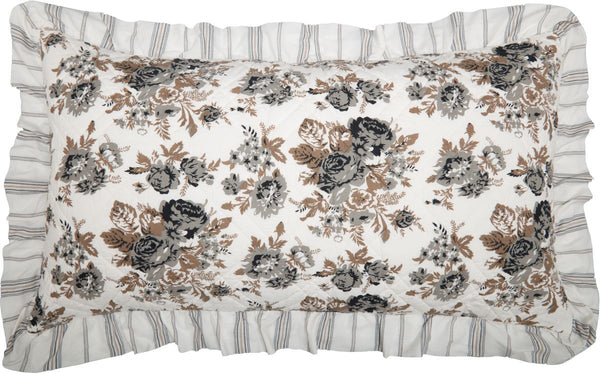 Annie Portabella Floral Ruffled King Sham 21x37. Beautifully showcasing unique floral print in portabella brown, soft white, and warm grey finished with a graceful stripe pattern ruffled edge. Visit website for FREE s/h & discount offers.