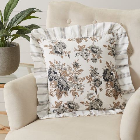 Annie Portabella Floral Fabric Pillow 18x18. Beautifully showcasing floral print in portabella brown, soft white, and warm grey finished with a delicate ruffled edge. Visit website for FREE s/h & discount offers.