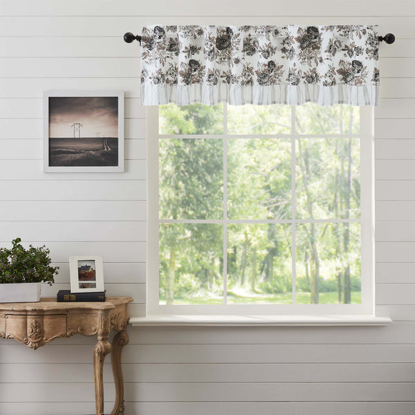 Annie Portabella Floral Ruffled Valance Curtain 16x72 features an eye-catching floral print in calming colors of portabella brown, soft white, and warm grey. Visit website for FREE s/h & discount offers.