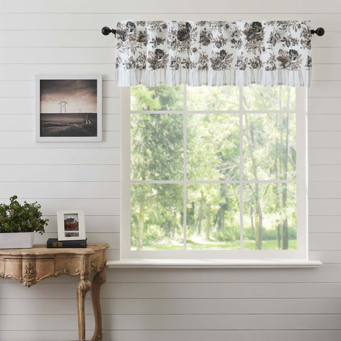 Annie Portabella Floral Ruffled Valance Curtain 16x72 features an eye-catching floral print in calming colors of portabella brown, soft white, and warm grey. Visit website for FREE s/h & discount offers.