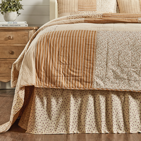 Camilia King Bed Skirt 78x80x16. Timeless and true, this bed skirt features quality 100% cotton fabric with earthy, vintage colors of soft white, mauve, and moss green offering a simple, cozy cottage feel you can't resist. Visit website for FREE s/h & discount offers. Primitive Country Farmhouse Home Decor.