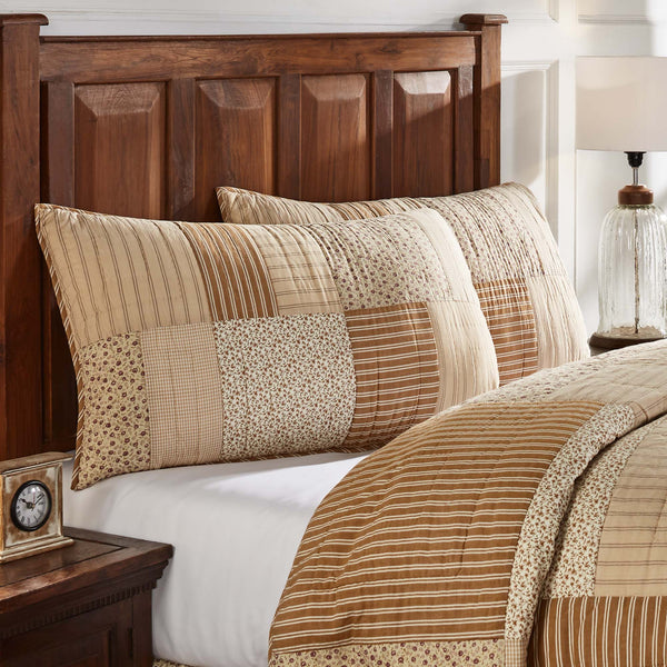 Camilia Quilted Patchwork King Sham 21x37 array of vintage florals, stripes, and micro-check fabric in gold, soft white, and mauve this patchwork pillow cover updates your home decor with a lighthearted country feel. Visit website for FREE s/h & discount offers. Primitive Country Farmhouse Cottage Home Decor.