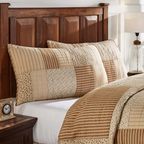 Camilia Quilted Patchwork King Sham 21x37 array of vintage florals, stripes, and micro-check fabric in gold, soft white, and mauve this patchwork pillow cover updates your home decor with a lighthearted country feel. Visit website for FREE s/h & discount offers. Primitive Country Farmhouse Cottage Home Decor.