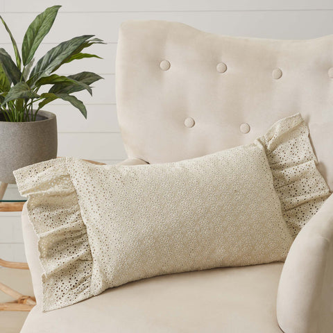 Camilia Eyelet Pillow 14x22. Beautifully showcasing delicate and whimsical floral design finished with a wide ruffled edge that updates your home decor with a lighthearted country feel. Visit website for FREE s/h & discount offers. Primitive Country Cottage Farmhouse Home Decor.