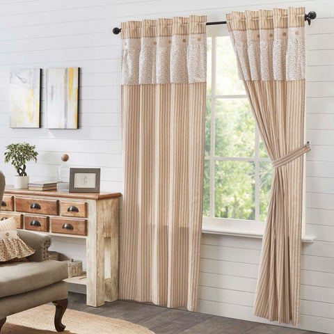 Camilia Ruffled Panel Set of 2 84x40. This gold and creme stripe curtain set is beautifully decorated with a graceful ruffle and wooden buttons adding rustic romance and heartwarming, cozy cottage vibes to your window. Visit website for FREE s/h & discount offers. Primitive Country Farmhouse Cottage Home Decor.