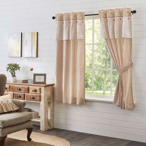 Camilia Ruffled Short Panel Set of 2 63x36. This gold and creme stripe curtain set is beautifully decorated with a graceful ruffle and wooden buttons adding rustic romance and heartwarming, cozy cottage vibes to your window. Visit website for FREE s/h & discount offers. Primitive Country Farmhouse Cottage Window.