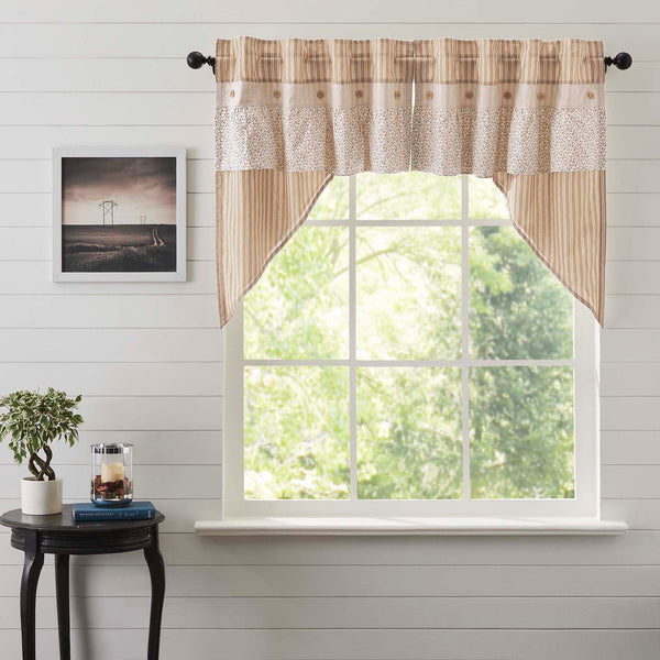 Camilia Ruffled Swag Set 36x36x16. This gold and creme stripe curtain set is beautifully decorated with a graceful ruffle and wooden buttons adding rustic romance and heartwarming, cozy cottage vibes to your window. Visit website for FREE s/h & discount offers. Primitive Country Farmhouse Cottage Window Treatments.