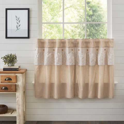 Camilia Ruffled Tier Set 36Lx36W. This gold and creme stripe curtain set is beautifully decorated with a graceful ruffle and wooden buttons adding rustic romance and heartwarming, cozy cottage vibes to your window. Visit website for FREE s/h & discount offers. Primitive Country Farmhouse Window.
