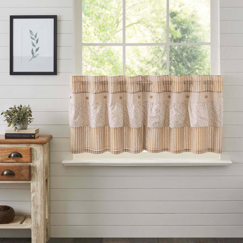 Camilia Ruffled Tier Set 24Lx36W. This gold and creme stripe curtain set is beautifully decorated with a graceful ruffle and wooden buttons adding rustic romance and heartwarming, cozy cottage vibes to your window. Visit website for FREE s/h & discount offers. Primitive Country Farmhouse Window
