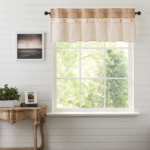 Camilia Ruffled Valance 19x72. This gold and creme stripe curtain set is beautifully decorated with a graceful ruffle and wooden buttons adding rustic romance and heartwarming, cozy cottage vibes to your window. Visit website for FREE s/h & discount offers. Primitive Country Farmhouse home Decor.