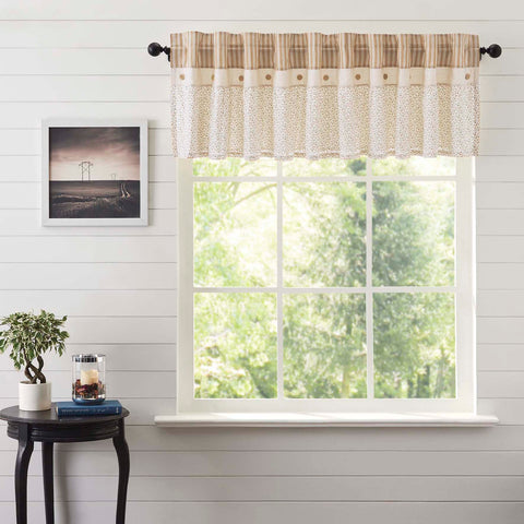 Camilia Ruffled Valance 19x90. This gold and creme stripe curtain set is beautifully decorated with a graceful ruffle and wooden buttons adding rustic romance and heartwarming, cozy cottage vibes to your window. Visit website for FREE s/h & discount offers. Primitive Country Farmhouse Window.