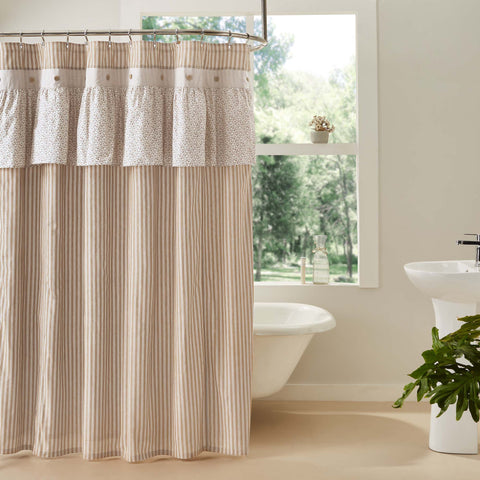 Camilia Ruffle Shower Curtain 72x72 transforms your bath with a touch of cozy rustic romance. Stripes in gold and creme grace this decorative curtain along with a delicate ruffle, dressed in a vintage floral design.Visit website for FREE s/h & discount offers. Primitive Country Farmhouse Cottage Home Decor.