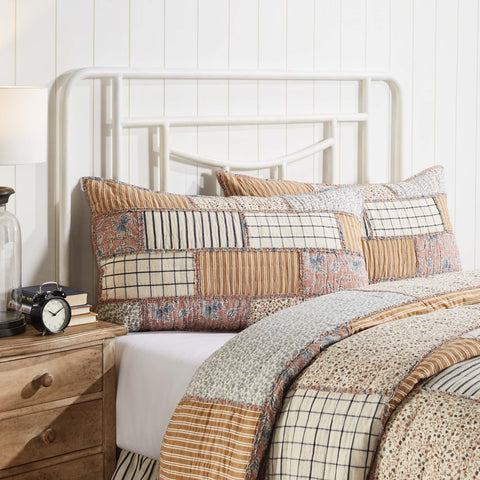 Adorn your vintage farmhouse bedroom with unique patterns and heirloom quality. The Kaila King Sham 21x37 mirrors our Kaila Quilt perfectly, showcasing delicate floral prints, classic stripes, and windowpane patterns in navy, gold, and dusty rose. Visit website for FREE s/h & discount offers.